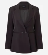 Blazer de sastrería marrón oscuro de corte ajustado, con solapa clásica, bolsillos con solapa en los laterales y cierre frontal cruzado con dos botones.