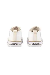 Championes de media bota John Foos modelo 164, color blanco con detalles en dorado y suela de goma con líneas marrones.