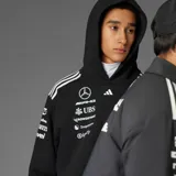 Hoodie de felpa color negro de la escudería Mercedes-AMG Petronas F1, con capucha, bolsillo tipo canguro y los logos de los patrocinadores estampados en el pecho.