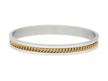 Pulsera rígida tipo brazalete de acero color plateado con una banda central de eslabones dorados.