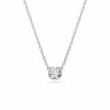 Colgante con cadena fina plateada y dije circular con cristal blanco central. El diseño presenta un cristal central de talla redonda en un engaste bisel abombado y una Swarovski Zirconia en el alargador.