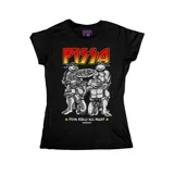 Remera negra de corte entallado con estampa frontal en blanco y negro de las Tortugas Ninja comiendo pizza, acompañada por el texto 'PIZZA' en colores cálidos y la frase 'PIZZA ROLLS ALL NIGHT'.