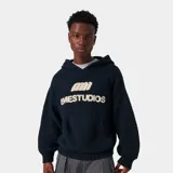 Hoodie Eme Studios modelo Pidgey Navy, de corte oversize, confeccionado en tejido texturizado azul marino con capucha y bolsillo tipo canguro. Cuenta con el logotipo y la inscripción de la marca en relieve de corderito en color blanco en el centro del pecho.