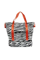 Bolso tipo tote con estampado de cebra en blanco y negro, con doble compartimento y asas de color naranja.