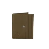 Monedero de cuero color verde oliva, con broche metálico y múltiples ranuras para tarjetas.