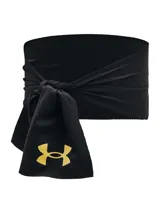 Vincha deportiva Under Armour de la colección Project Rock, color negro con detalles en dorado. Presenta un diseño para atar con nudo en la parte posterior, confeccionada en tejido técnico que absorbe el sudor y disipa el calor. Incluye el logo de la colección y el logo de la marca.