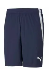 Short deportivo Puma Team Liga, color azul marino con franja lateral gris y logo blanco estampado en la pierna.