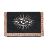 Billetera Rip Curl de pana negra, con bordado frontal de sol y logo de la marca. Detalles de ribetes con estampado geométrico en tonos rosados y tostados.