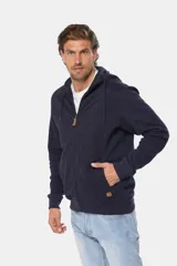 Canguro de felpa color azul marino con cierre frontal completo, capucha con cordones y bolsillos canguro.