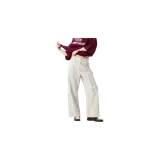 Pantalón baggy color arena con sutiles rayas verticales oscuras, de tiro medio, corte ancho y dobladillo vuelto en los tobillos. Cuenta con bolsillos delanteros y detalle de bordado en texto circular en el bolsillo derecho.