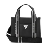 Cartera Guess modelo Jackie de color negro, confeccionada en PVC con textura saffiano. Cuenta con asas de mano fijas con tiras de tela estampada con la inscripción "GUESS LOS ANGELES", bolsillo frontal externo con el logotipo triangular metálico de la marca y correa ajustable para el hombro.