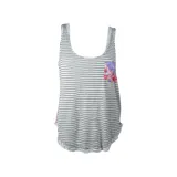 Musculosa a rayas horizontales blancas y grises con bolsillo estampado con flores en el pecho.