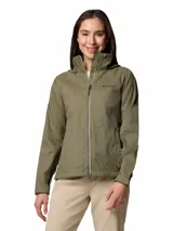 Campera cortaviento Columbia modelo Switchback IV Jacket con tecnología Omni-Shield, color verde militar, con capucha ajustable, cierre frontal y bolsillos laterales con cierre.
