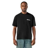 Remera de algodón color negro con corte relajado, cuello redondo acanalado y logo de la marca estampado en pequeño sobre el pecho.