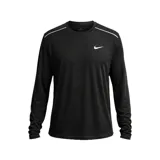 Buzo deportivo Nike Miler de manga larga, color negro, con cuello redondo y detalle de línea reflectante en los hombros. Presenta el logo de la marca estampado en el pecho y tecnología Dri-FIT para mayor transpirabilidad.