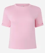 Blusa básica de cuello redondo y manga corta con detalle de dobladillo, confeccionada en tejido de viscosa con elastano.