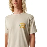 Remera beige de manga corta con estampado gráfico en la espalda con texto en tonos verdes y amarillos.