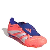 Championes de fútbol Adidas Predator League, modelo con lengüeta plegable, color naranja vibrante con detalles en azul y blanco. Diseñados con tecnología Hybridfeel para un mejor control del balón.