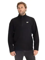 Buzo de microfibra color negro, con cierre frontal parcial de un cuarto de longitud, cuello alto y logo de la marca Caterpillar bordado en el pecho.