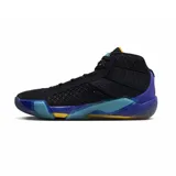 Championes de básquetbol Air Jordan 38, modelo Fundamentals, con diseño de caña media en color negro con detalles en azul, turquesa y amarillo. Presentan una estructura superior combinada con malla y refuerzos laterales, y una suela con tecnología de amortiguación visible.