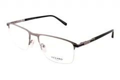 Armazón de anteojos rectangular de metal color peltre, con patillas negras y detalles plateados.