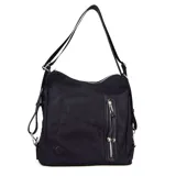 Bolso negro convertible en mochila, con múltiples compartimentos con cierre y correa ajustable.