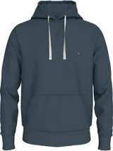 Buzo Tommy Hilfiger de felpa de algodón color azul con capucha, cordón ajustable, bolsillo canguro, puños y bajo de punto canalé, y logo bordado en el pecho.