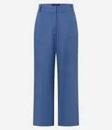 Pantalón de vestir azul de corte palazzo, tiro alto, con pinzas delanteras y bolsillos laterales.