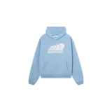 Hoodie oversized color celeste, con capucha, bolsillo frontal tipo canguro y estampado gráfico en el pecho con la marca Eme Studios y diseño abstracto.