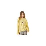 Remera de manga larga de color amarillo pastel, con cuello redondo y estampado gráfico en el centro del pecho que incluye el logotipo y la inscripción de la marca.