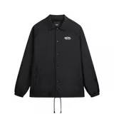 Campera negra de corte clásico con cuello camisero, cierre frontal con botones a presión, puños elásticos y cordón ajustable en la cintura. Presenta el logo de Vans "Off The Wall" estampado en el pecho.