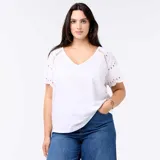 Remera blanca con cuello en V y mangas cortas adornadas con detalles bordados tipo broderie y perforaciones geométricas.