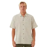 Camisa de manga corta con estampado a cuadros en tonos beige y blanco, con cuello clásico y bolsillo en el pecho.