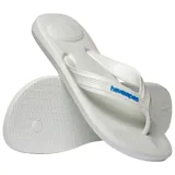 Sandalias de goma Havaianas Top Max Comfort, modelo de dedo color blanco con tiras anchas texturizadas y el logo de la marca en azul.