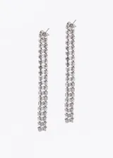 Aros colgantes largos de acero quirúrgico plateado con doble tira de strass.