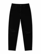 Jean negro de corte skinny, tiro alto, con roturas a la altura de las rodillas y confeccionado en denim elastizado.