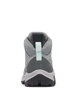 Bota de senderismo impermeable Columbia, color gris con detalles en coral. Presenta una combinación de cuero y malla en la parte superior, con entresuela amortiguada y suela de goma con tracción avanzada.