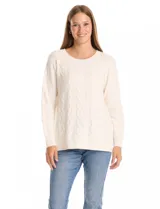 Buzo de tejido soft marca Ruby Rd, color blanco, con diseño de trenzas verticales, escote a la base y manga larga.