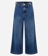 Pantalón wide cropped de jean azul con tiro alto y perneras amplias.