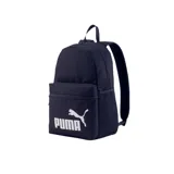 Mochila Puma Phase color azul marino con logo blanco estampado. Cuenta con un compartimento principal con cierre, un bolsillo frontal con cierre, correas acolchadas ajustables y un bolsillo lateral de malla.