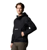 Campera cortaviento Columbia modelo Challenger Windbreak Omni-Shield, color negro con el texto "PACKABLE" impreso en blanco. Es resistente a la lluvia y manchas, cuenta con media cremallera central, capucha ajustable y bolsillo canguro.