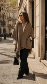 Ruana de hilo de algodón color marrón claro, de diseño amplio con terminaciones tejidas acanaladas en los bordes delanteros.