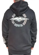 Buzo canguro con capucha y cierre frontal de Billabong, modelo Hollow Diamond Zip, color negro con gran estampado trasero y diseño en las mangas.