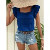Blusa de color amarillo con textura fruncida, cuello cuadrado y mangas cortas con volados.