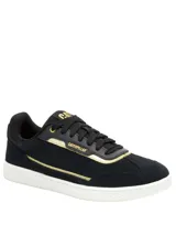 Sneaker Caterpillar modelo Pause Retro T-Toe para mujer, en color negro con detalles dorados y suela blanca. Fabricadas en cuero gamuzado, cuentan con plantilla de espuma EVA y suela de goma duradera.