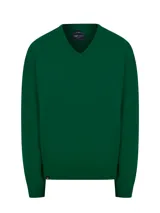 Sweater de punto RKF color verde oscuro, de manga larga y escote en V, confeccionado con mezcla de lana y cashmere.