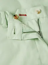 Shorts de sarga color verde menta, de corte slim y pierna recta, con largo a la altura de la rodilla. Presenta cierre de botón y cremallera, y diseño de 4 bolsillos.