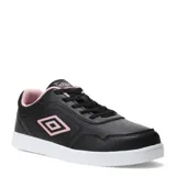 Championes Umbro de estilo urbano, confeccionados en material sintético negro con detalles en rosado en el logo lateral, el interior y la lengüeta. Presentan cierre con cordones negros y suela plana de goma blanca.