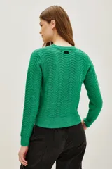 Sweater de punto color verde con diseño de ondas en relieve y sutiles destellos de lentejuelas integradas. Presenta cuello redondo, mangas largas y puños acanalados.