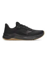 Championes de entrenamiento Under Armour modelo W Aurora 3, diseñados específicamente para el pie femenino. Presentan una parte superior de malla transpirable en color negro con detalles de gamuza, mediasuela con amortiguación Charged+ y suela de goma color caramelo con patrón de tracción multidireccional.